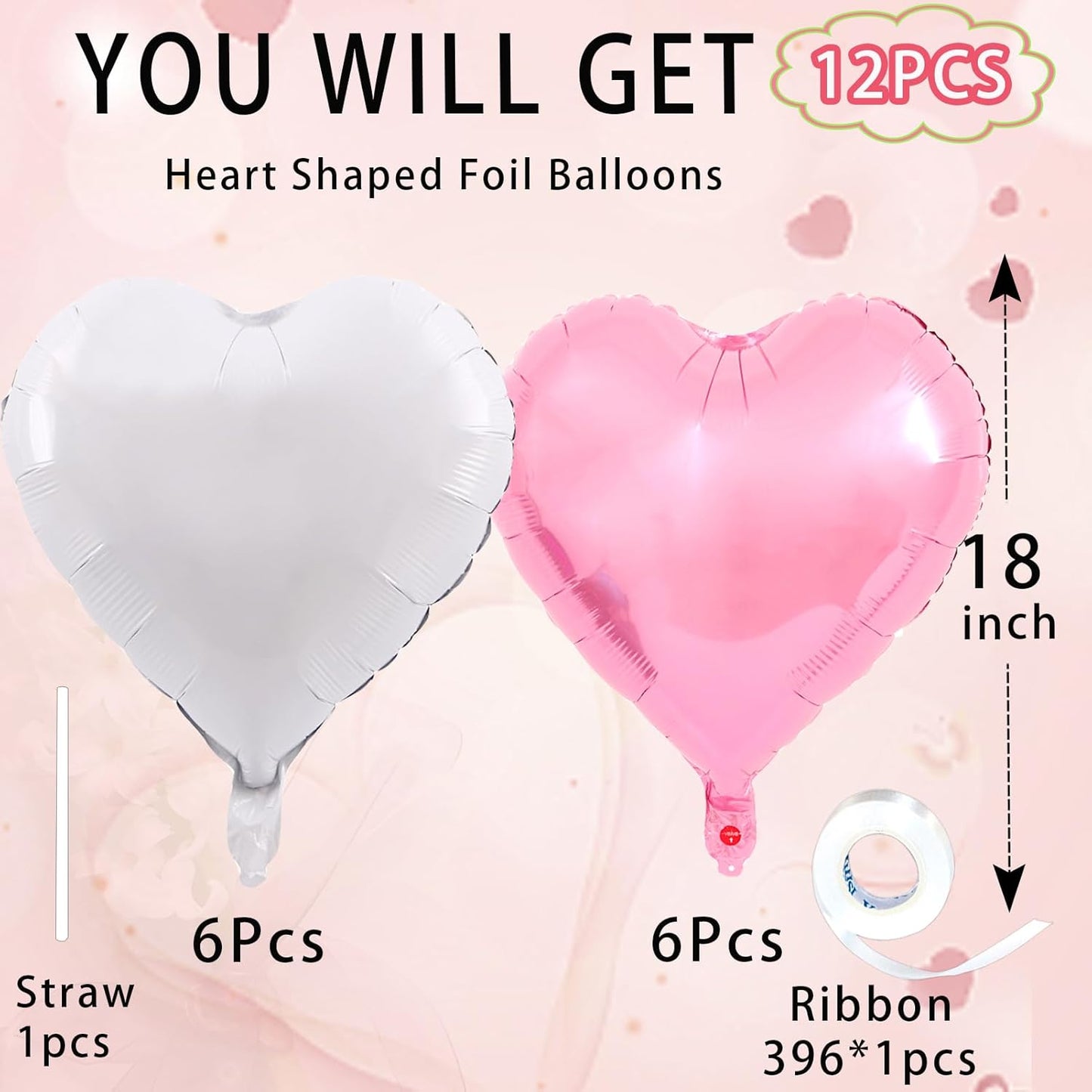White-Pink Heart Balloons,18inch Bright Pink Heart Shaped Foil Balloons & Snowy White Helium Mylar Balloon for Anniversary Wedding Engagement Birthday Party Baby Shower Decorations