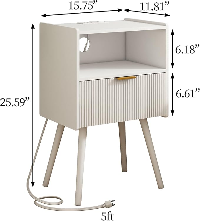 JOONEE White Nightstand with Outlet, Modern Bedside Table with Storage Drawer - Image 2