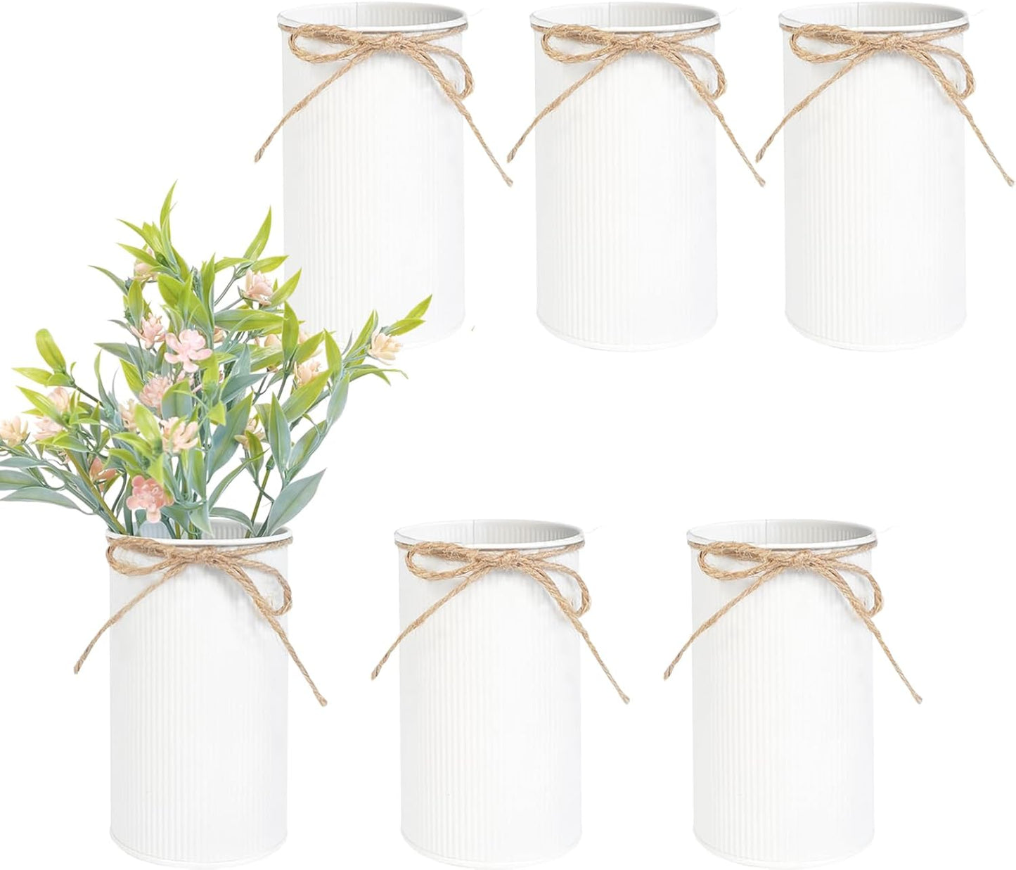 6" High Farmhouse Vases for Centerpiece, Rustic Mason Jars with Twine Bow for Flowers, Vintage Galvanized Metal Vase Tin Bucket for Wedding Home Decor (White, 6Pcs)