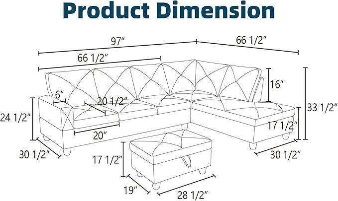 97.5" L Shaped Couch Set, Modular Sectional Couches - Image 2