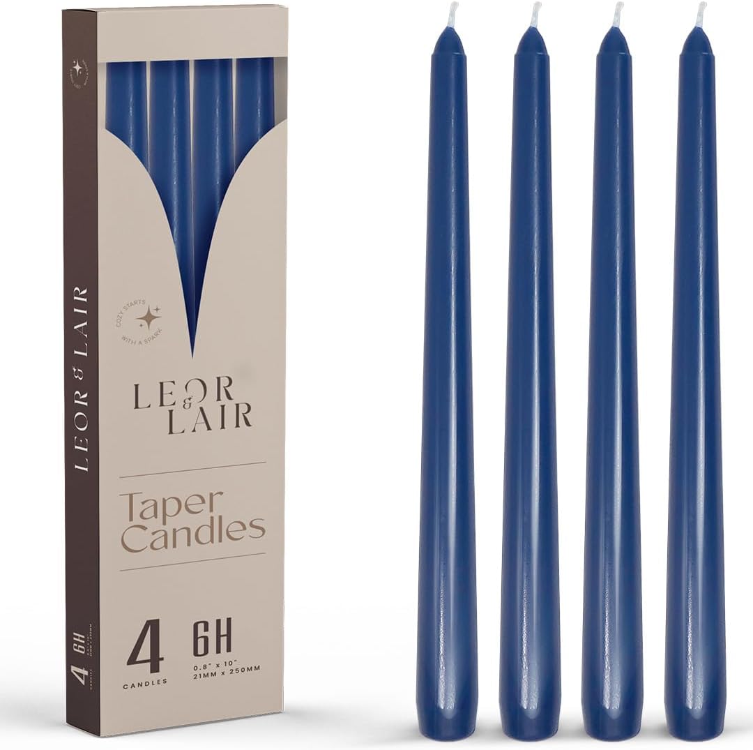 Leor & Lair Blue Taper Candles - 4 Pack 10" Blue Candlesticks - Unscented Long Burning Candle Sticks for Winter, July 4th Decoration, Dinner, Hanukkah, Weddings, Restaurants & Events