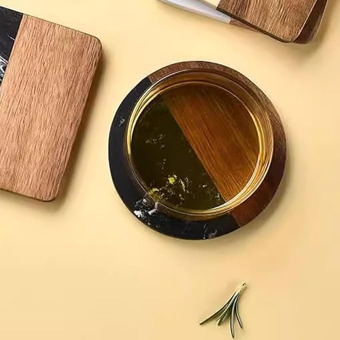 I-LAN 4-Pack Black Marble and Acacia Wood Coasters, 4-Inch Round Modern Drink - Image 6