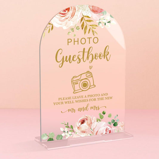 Acrylic Wedding Signs, Bridal Shower Decorations, Photo Guestbook Signs for Reception, Modern Calligraphy Arch Acrylic Table Top Sign for Wedding Reception and Engagement Parties (Clear Pink Flowers)
