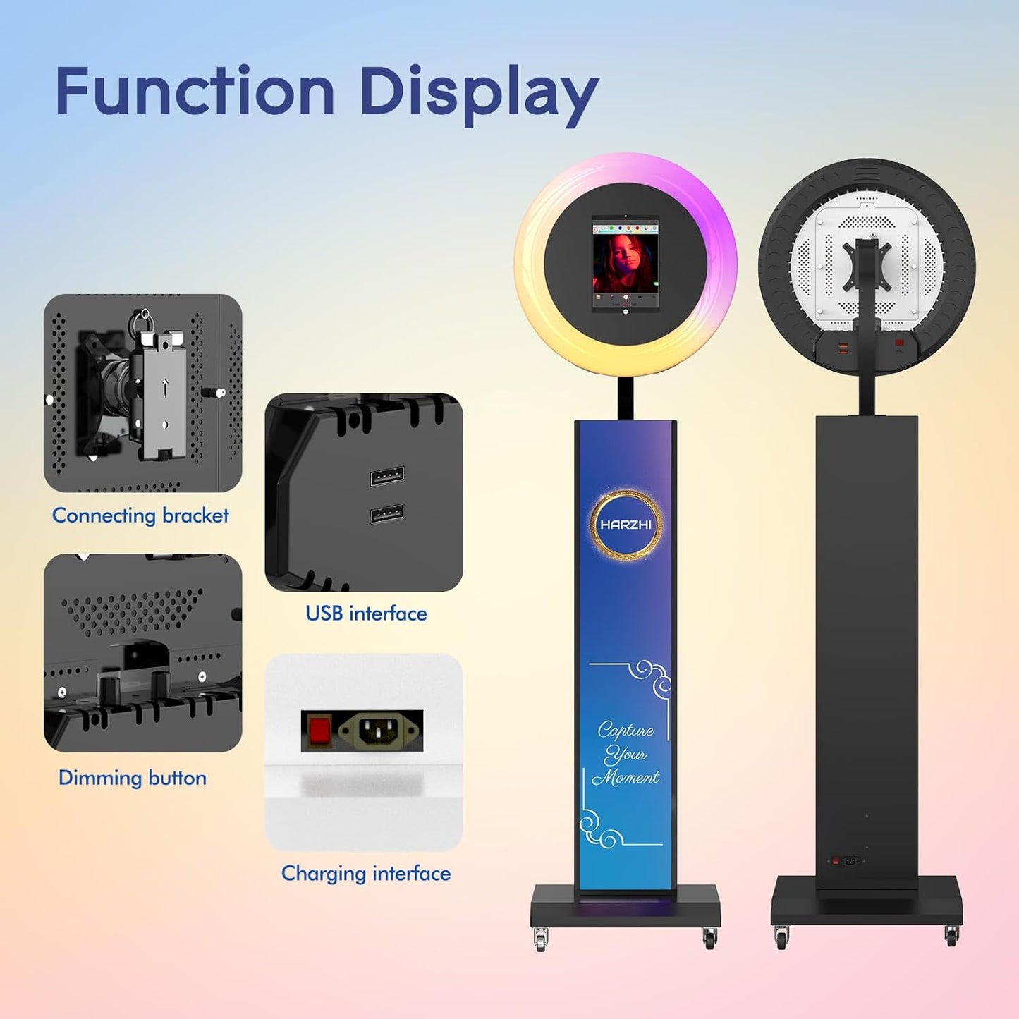 HARZHI Portable Photo Booth Compatible with Ipad, Large Lightbox Ipad Photo Booth for Christmas Wedding Party Provide ChackTok Software APP VIP, Free Custom Logo, Flight Case