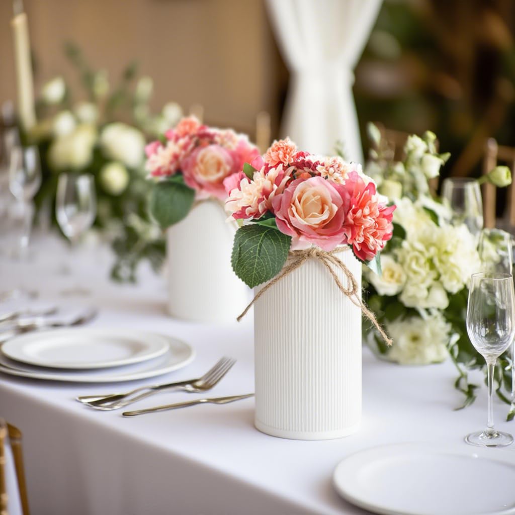 6" High Farmhouse Vases for Centerpiece, Rustic Mason Jars with Twine Bow for Flowers, Vintage Galvanized Metal Vase Tin Bucket for Wedding Home Decor (White, 2Pcs)