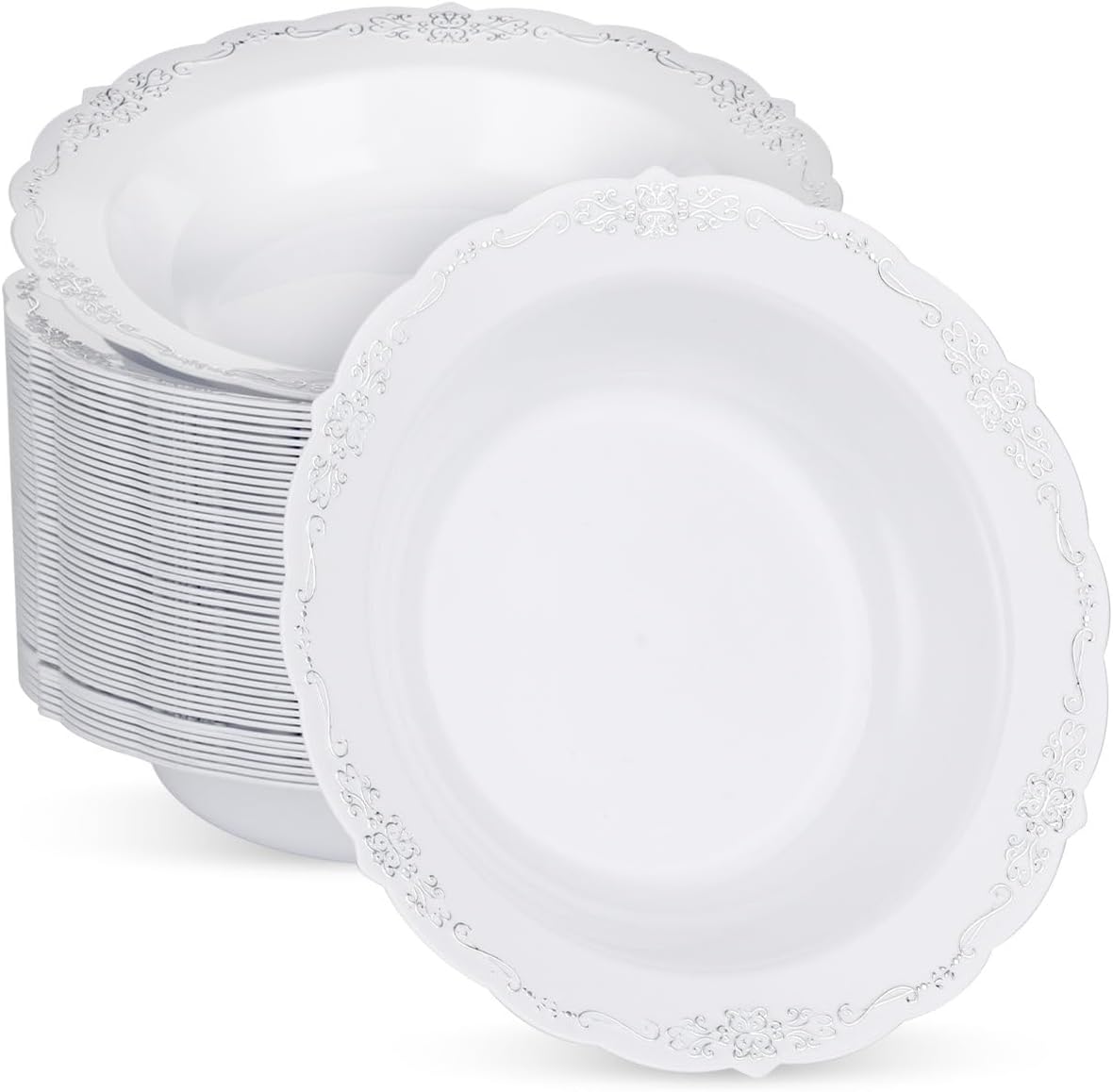 50 Pack White Plastic Bowls with Silver Rim, 12oz Plastic Salad Bowl, Disposable Bowls for Party, Dinners, Weddings, Christmas, Thanksgiving