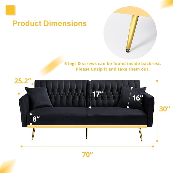 70” Velvet Futon Sofa Bed with 2 Pillows and Adjustable Armrests, Convertible - Image 3