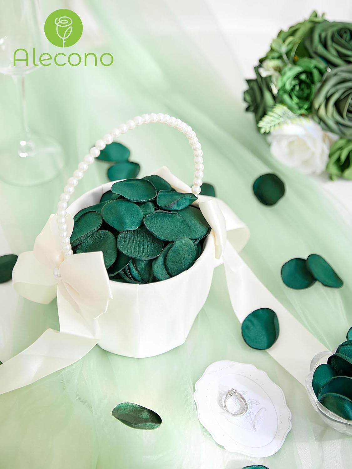 Alecono 600Pcs Silk Rose Petals, Fake Dark Green Petals for Wedding Proposal Flower Girl Basket, Flower Petals to Throw at Wedding Birthday Party Decoration