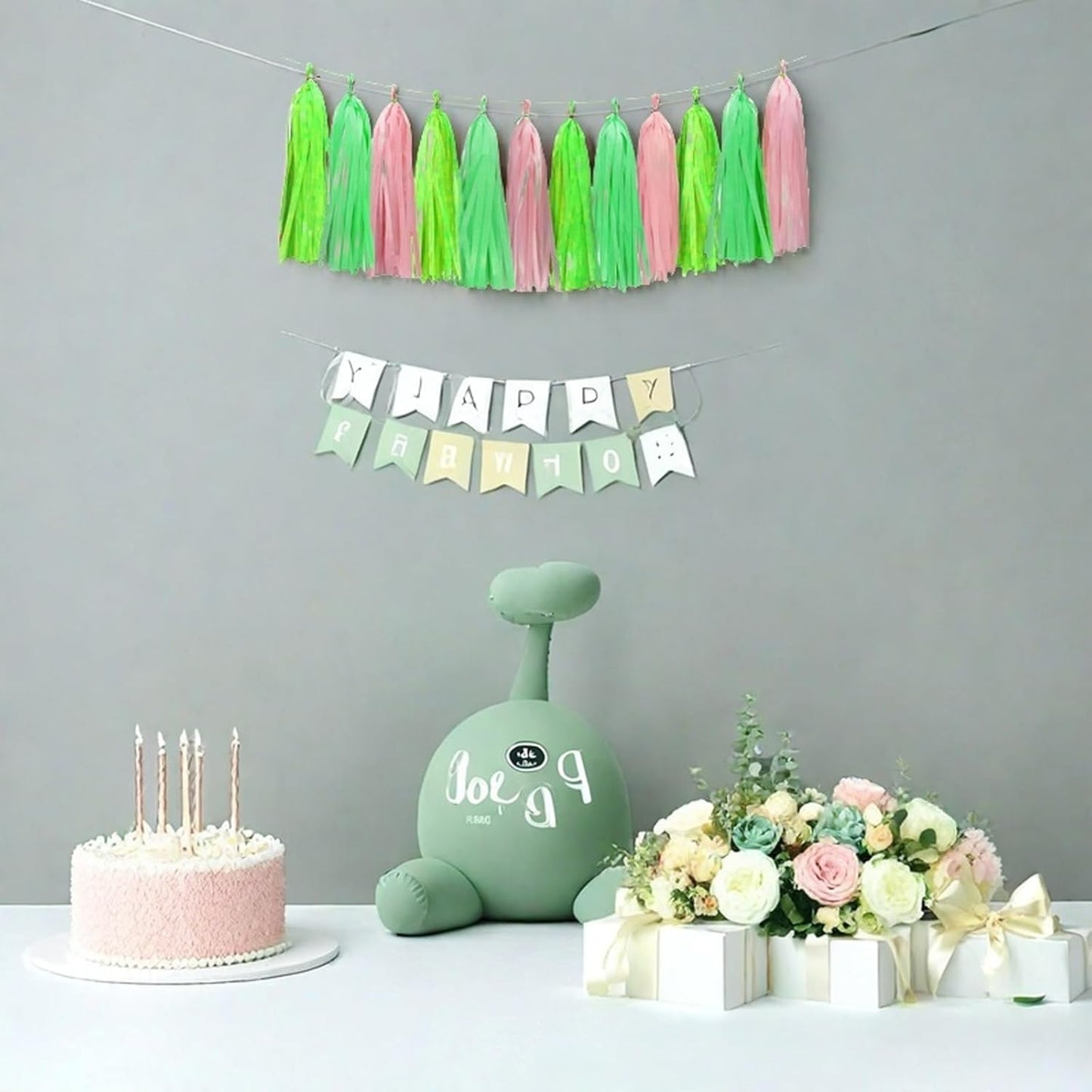Green Light Green and Pink Tassel Garland Banner Paper Tassels for Party Decorations,Pack of 15