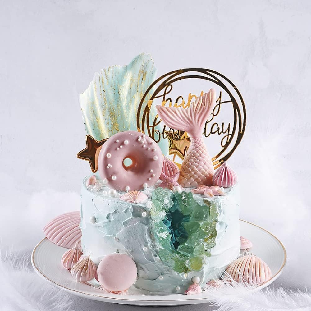 Gold Happy Birthday Cake Topper - Acrylic Cupcake Toppers Decoration Supplies (7 Pieces)