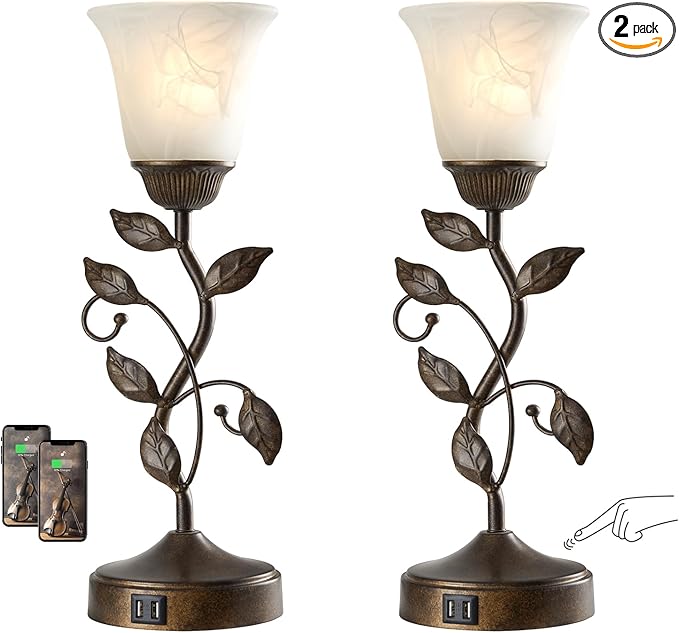Set of 2 Touch Farmhouse Bedroom Table Lamps, Nightstand Vintage Flower Lamps by RORIANO