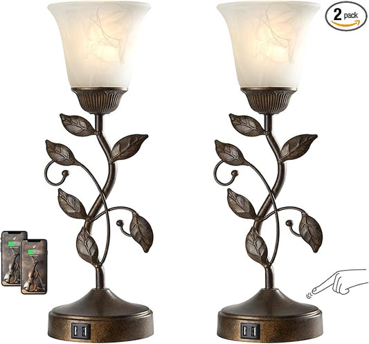 Set of 2 Touch Farmhouse Bedroom Table Lamps, Nightstand Vintage Flower Lamps by RORIANO