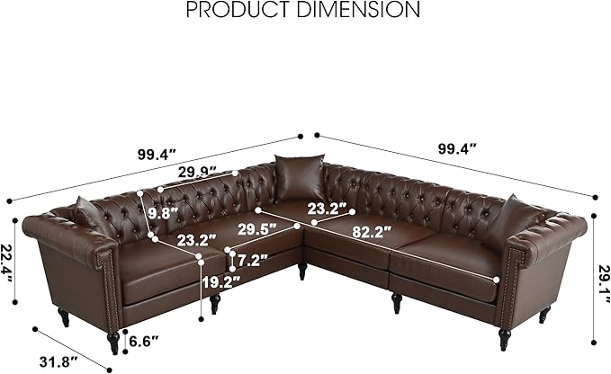 KEIKI 99" L-Shaped Luxury PU Leather Chesterfield Sectional Sofa - Image 2