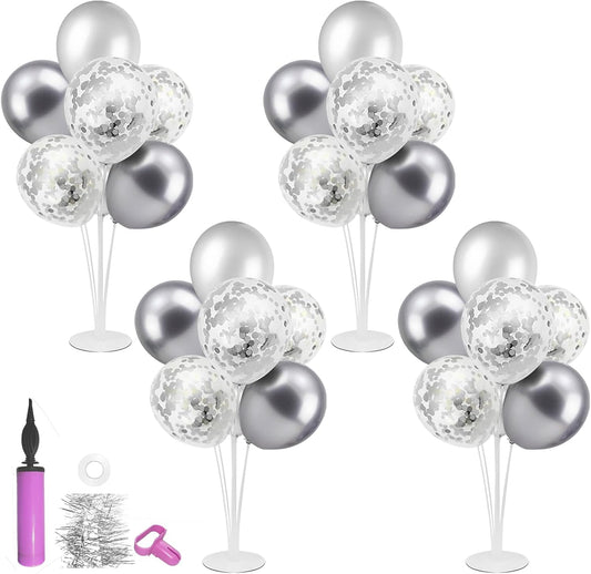Silver Balloon Stand Centerpiece Table Decorations for 25th Wedding Anniversary Birthday Bridal Shower Father's Day Mother's Day Platinum Party Decorations(Silver gray set4)