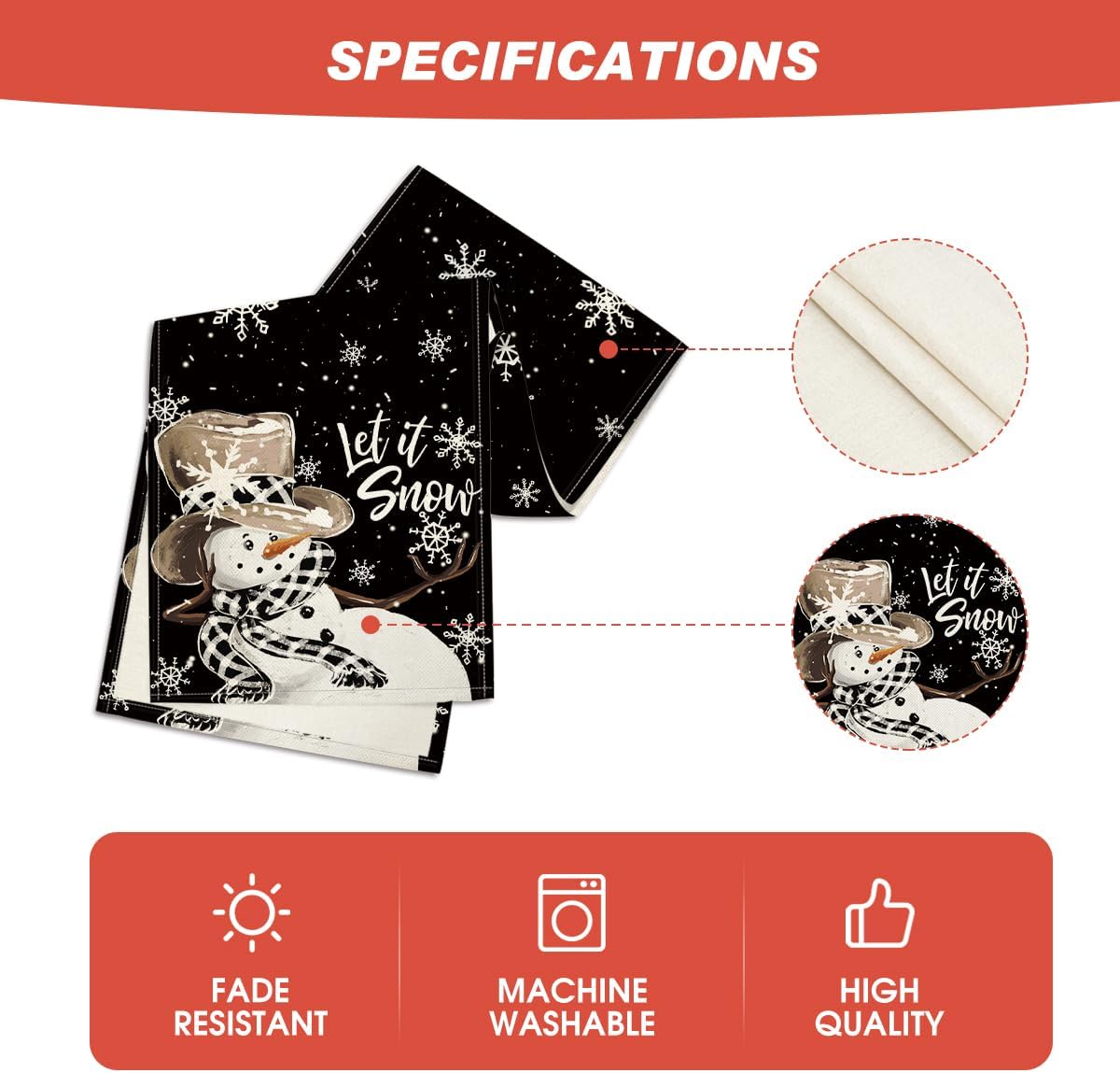 Artoid Mode Black Snowman Snowflake Let it Snow 2PCS Winter Table Runner, Christmas Kitchen Dining Table Decoration for Home Party Decor 13x72 Inch