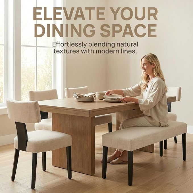 HNY Mid Century Modern Farmhouse Dining Chairs Set of 6, Linen Upholstered - Image 6