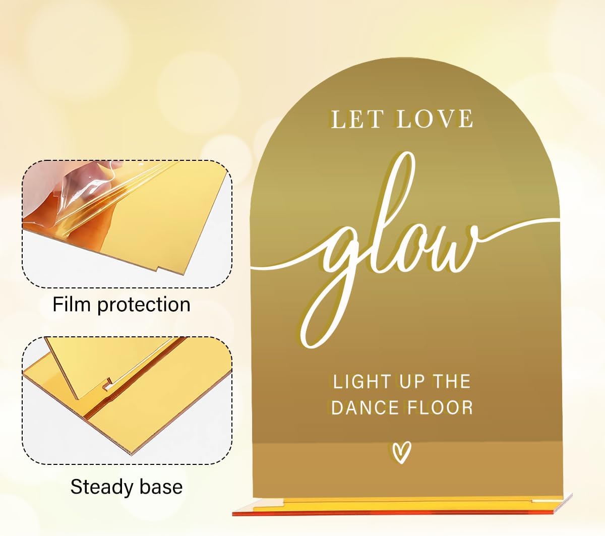Acrylic Wedding Sign, Bridal Shower Decorations, Let Love Glow Sign for Ceremony, Modern Font Table Signs, Gold Mirror Arched Acrylic Tabletop Signs for Wedding Reception and Event Party