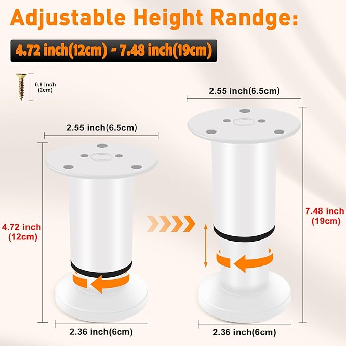 4 Pcs Adjustable Height Furniture Legs 4.72-7.48 inch, Metal Adjustable - Image 2
