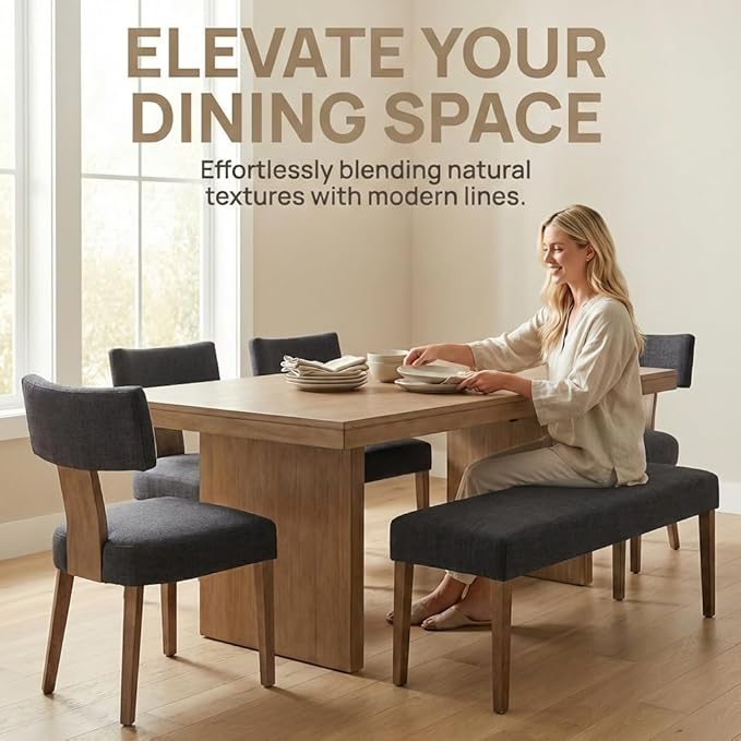 HNY Mid Century Modern Dining Chairs Set of 4, Farmhouse Linen Upholstered - Image 5