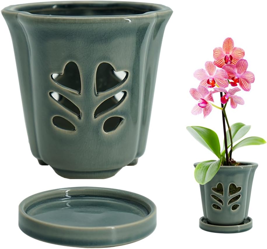 4 Inch Orchid Pot, Orchid Pots with Holes, Ceramic Orchid Pot for Repotting, Beatiful Ice Cracked Glaze Ceramic Plant Pot for Plants Indoor Outdoor.