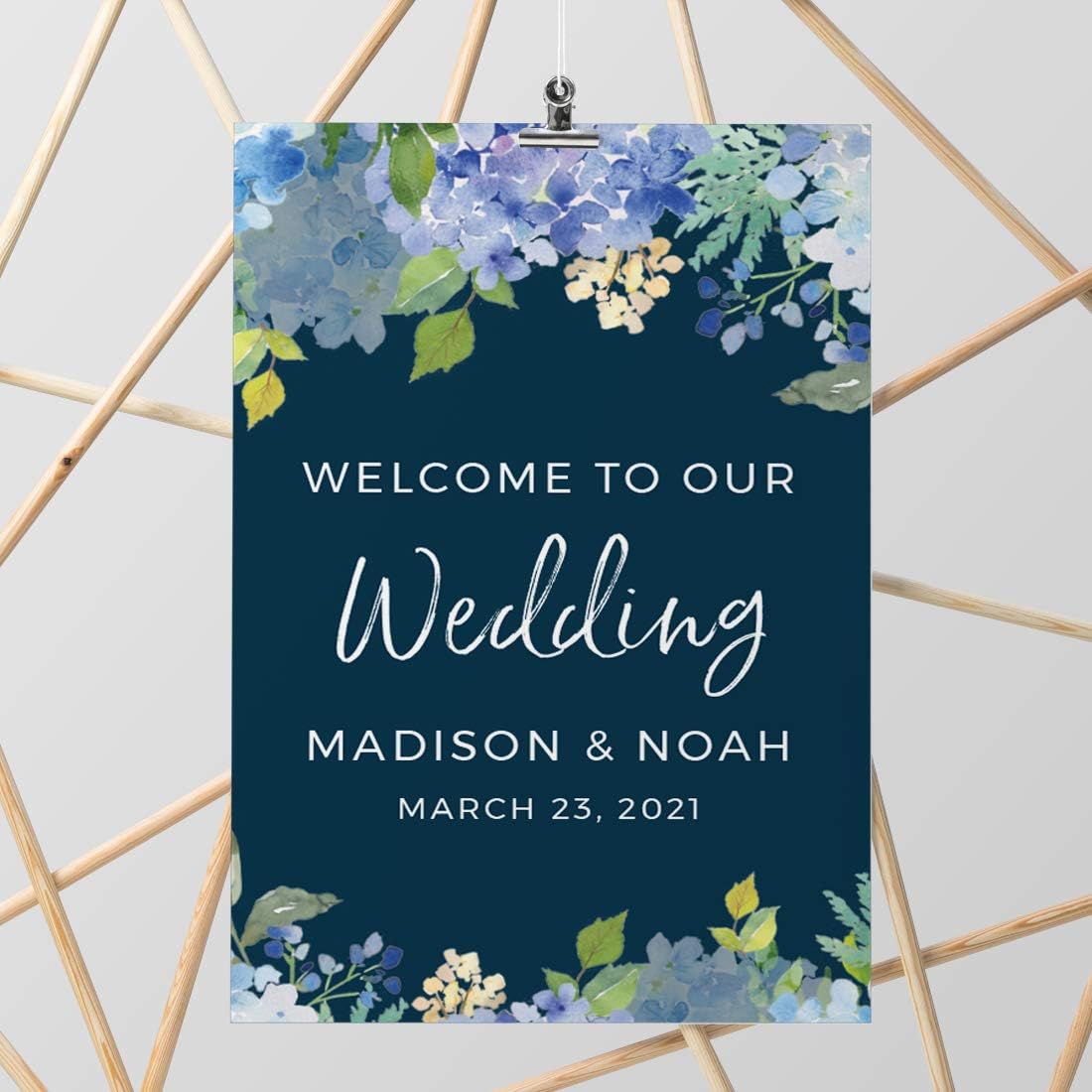 Andaz Press Personalized Extra Large Wedding Easel Board Party Sign, 12x18-inch, Baby Blue Hydrangea Floral Flowers on Navy Blue, Welcome to Our Wedding Bride Groom Name Date, 1-Pack, Custom