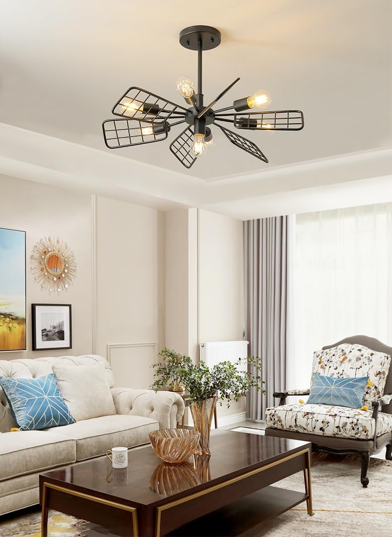 Modern Farmhouse Chandelier,28 Inch Black Metal Geometry Rustic Vintage Semi Flush Mounted Ceiling Light Fixture for Dining Room Bedroom Kitchen Island Hallway Foyer Entryway(7-Light)