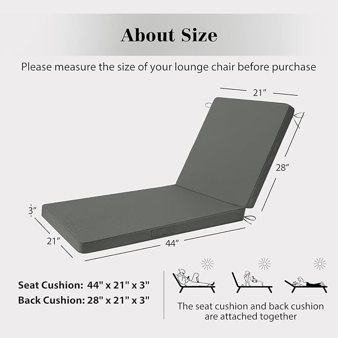 Chaise Lounge Cushions Outdoor, 4 Adjustable Ties Lounge Chair Cushions - Image 5