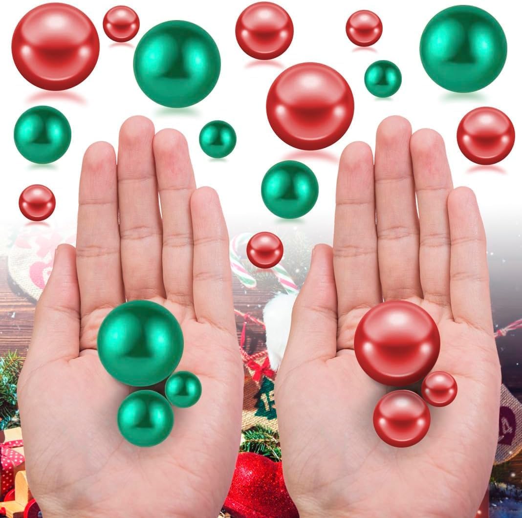 300Pcs Red&Green Polished No Hole Pearl Beads Vase Filler, Christmas Vase Filling Decorations, Plastic Pearls, Table Scatters, Wedding Home Decor, 8/14/20 mm