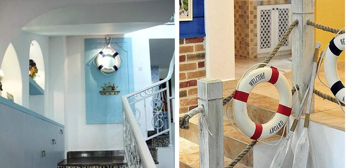 MorroMorn Lifebuoy Wall Hanging Decor - Welcome Aboard Mediterranean Style Home Decoration Hemp Rope (Blue, 20")