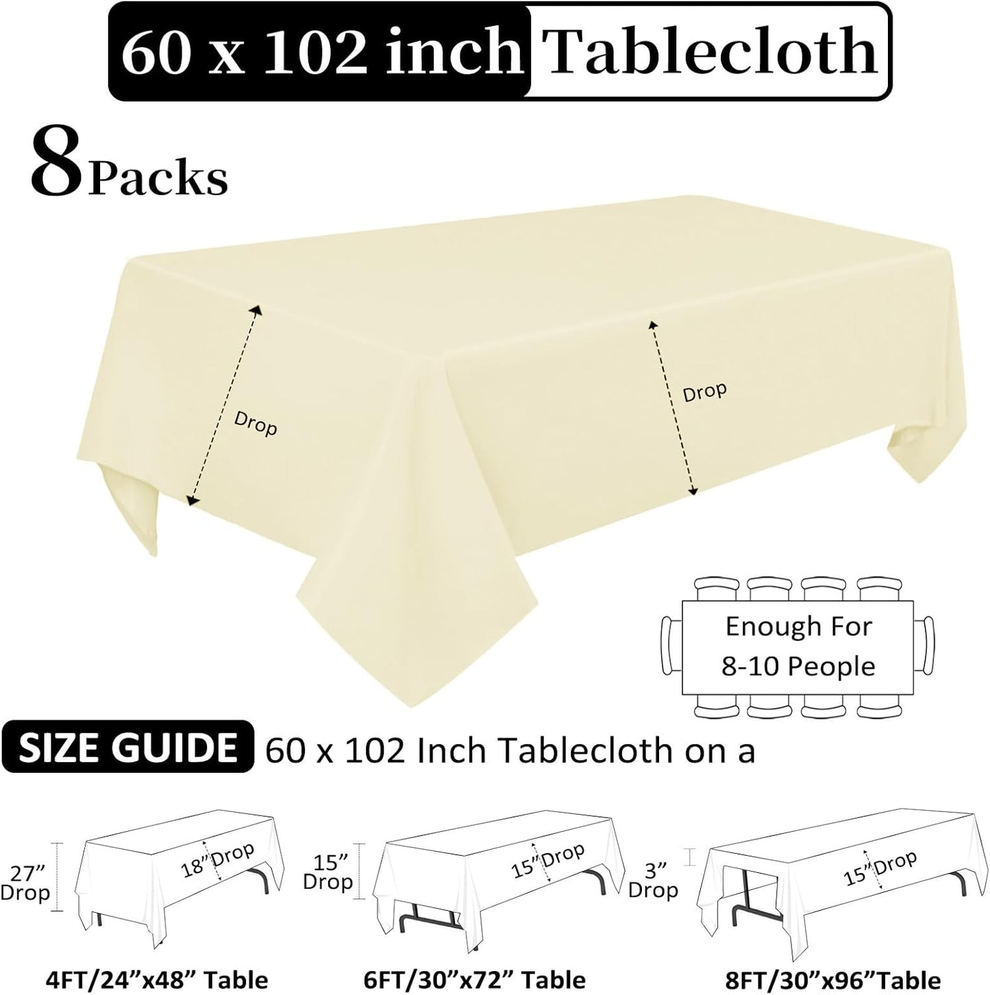 8 Pack Beige Tablecloth 60 x 102 Inch Rectangular Tablecloths for 6 Foot Rectangle Tables, Wrinkle Resistant Beige Table Cloth Washable Polyester Fabric for Buffet Wedding Party Banquet