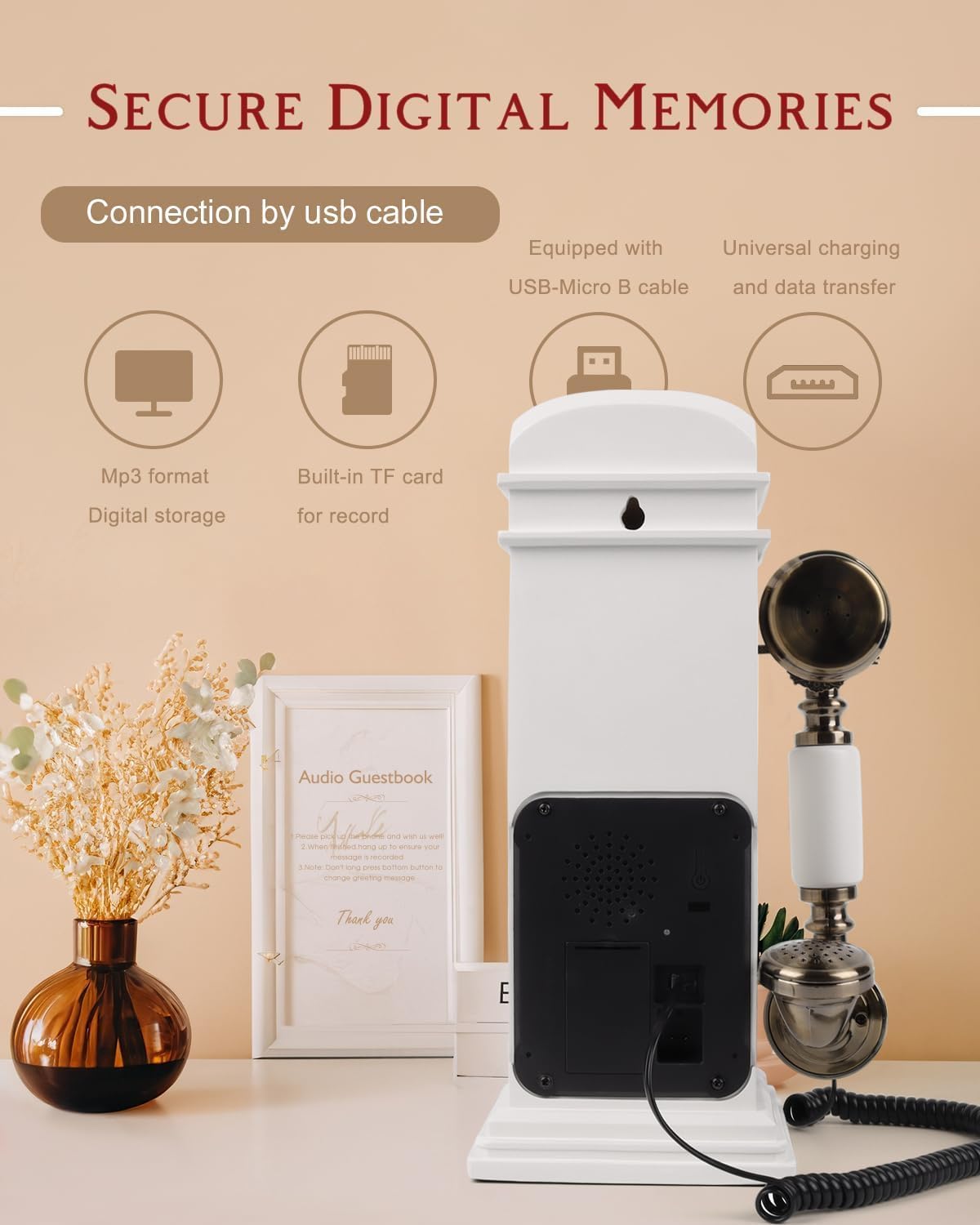 Audio Guest Book Wedding Phone, Record Customized Audio Message Guest Book for Wedding, Party and Gathering, Vintage Phone Booth Design， White