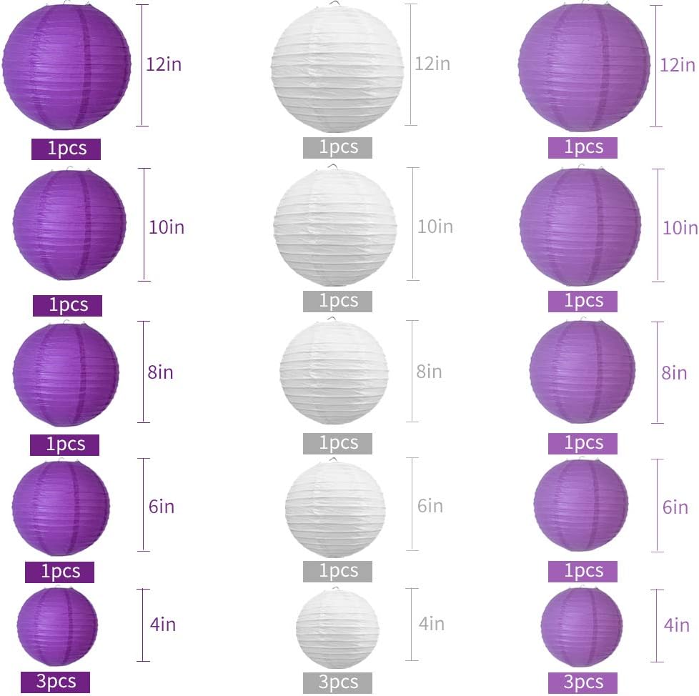 BEISHIDA 21 Pcs Lavender Purple White Round Paper Lanterns Decorative Hanging Asia Chinese Japanese Paper Lanterns Lamp for Halloween Birthday Wedding Baby Bridal Shower Home Decor Party Decoration