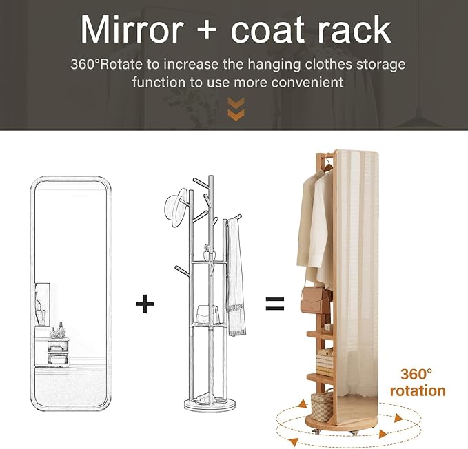 WoodsWhisper Full Length Mirror Coat Rack Solid Wood Floor Mirror 66"x12" Full - Image 3