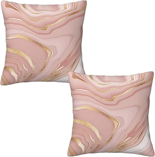 Pink and Gold Marble Throw Pillow Covers 18x18 Inch Set of 2, Abstract Art by Tebjh