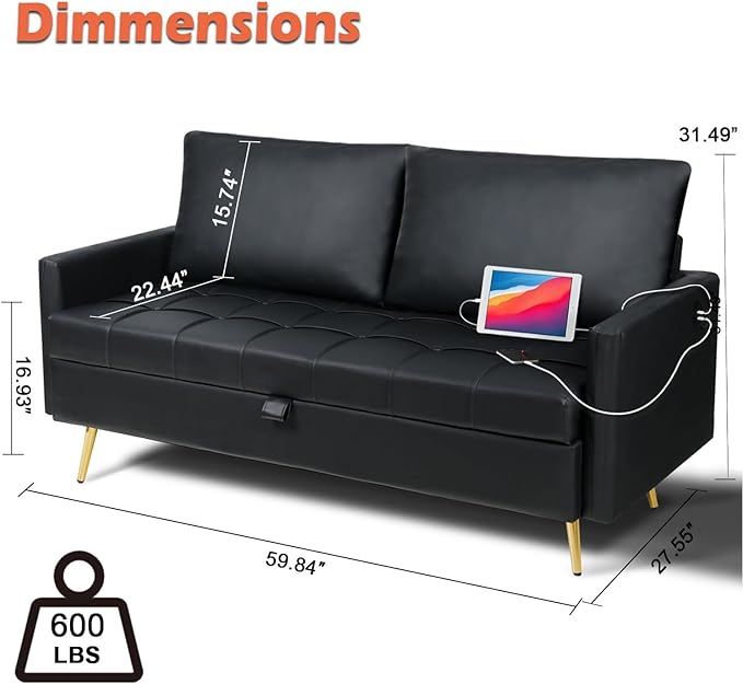 LINLUX Black Leather 60" W Couch - Image 2