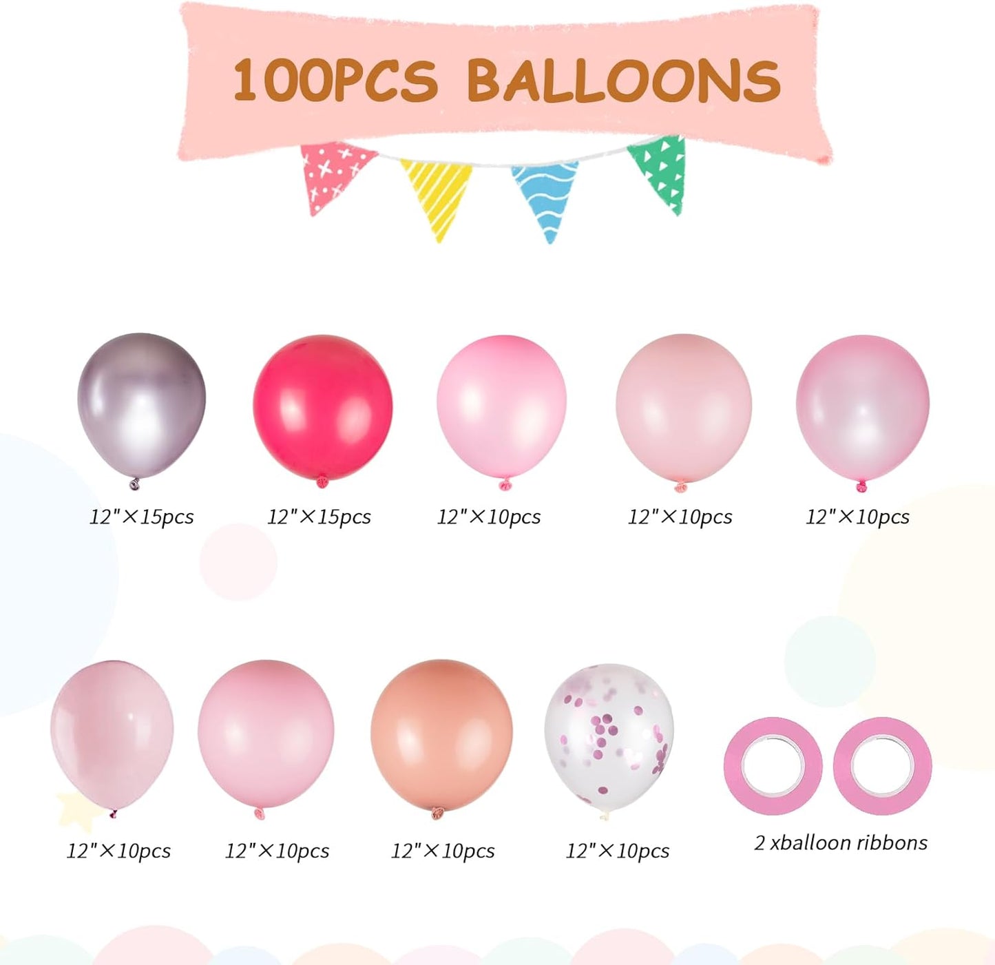 100pcs Pink Balloons Assortment - 12 Inch Metallic, Dusty Rose, Pearl & Hot Pink Pastel Balloons for Baby Shower, Bachelorette Party, Princess Birthday, Gender Reveal Party(66ft Ribbons)