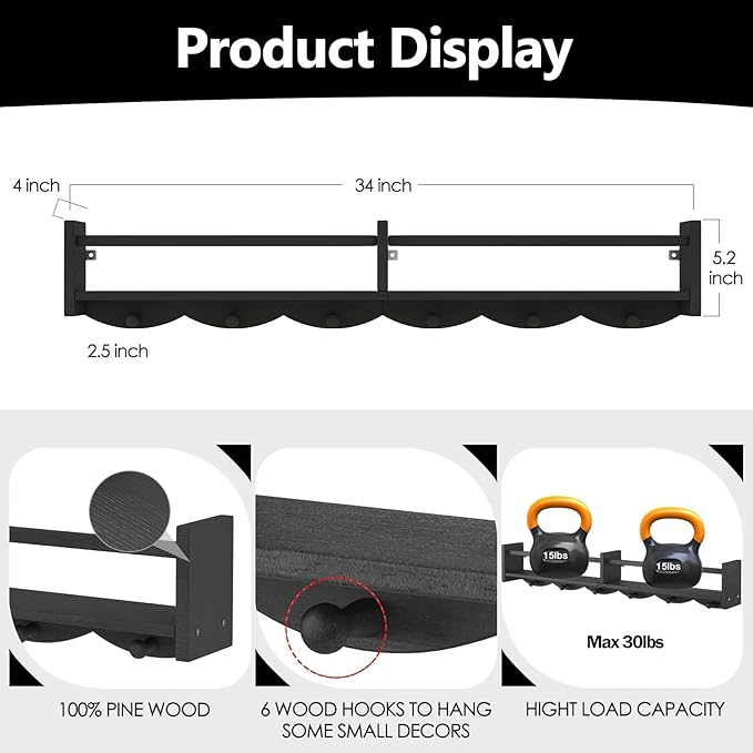 34Inch Nursery Bookshelves, Wall Floating Shelf Kids Coat Rack - Image 3