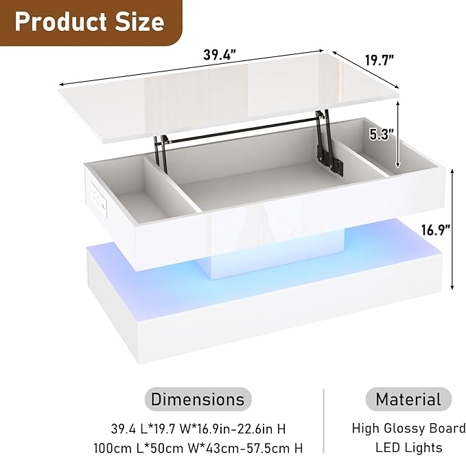 39.4" Large Lift Top Coffee Table, Modern High Glossy LED Coffee Tables - Image 2