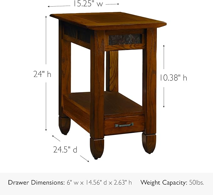 Leick Home Sibley End Table, Solid Wood, 1 Storage Drawer, Slate Tile Details - Image 3