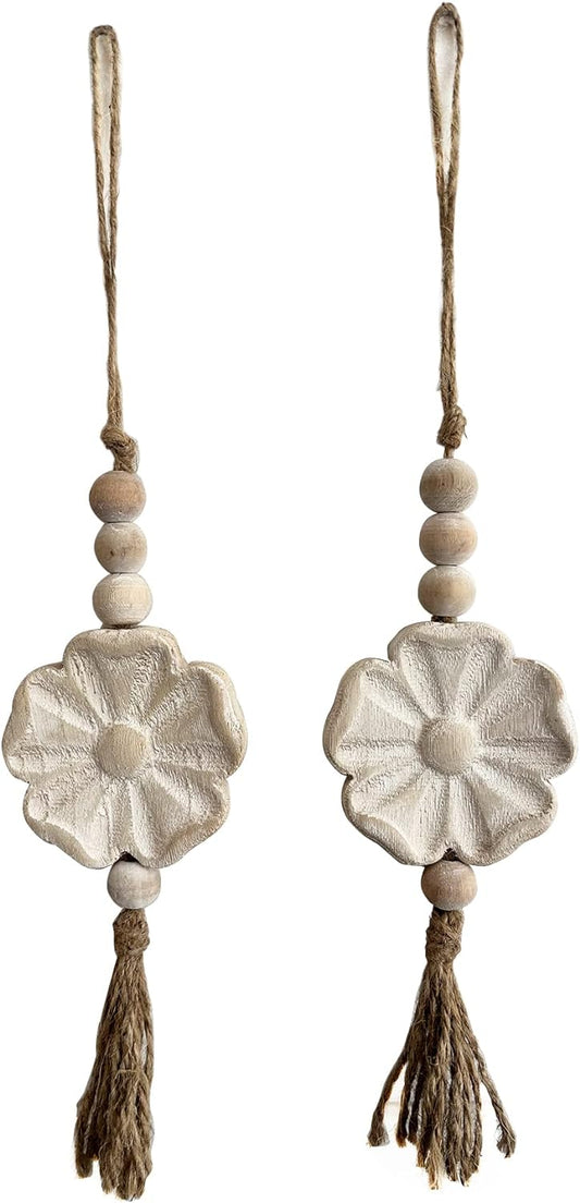 2pcs Carved Floral Tassels with Farmhouse Wood Beads - Multi-Functional Wall Decor Tray Home Decoration (Natural)