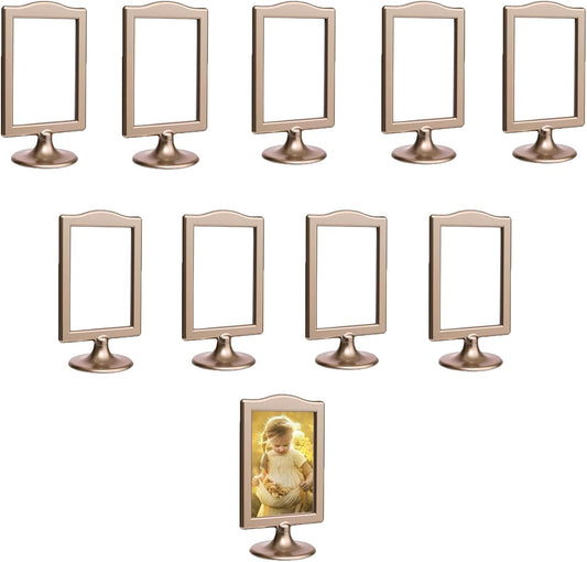 NahNah Double Sided Standing Picture Frames - (Gold, 10 Count) 4x6 Inch, Plastic Pedestal Photo Frame with Inserts and Base - 2 Sided Tabletop Vertical Display Frame for Wedding Table Bridal