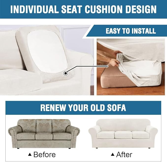 H.VERSAILTEX Modern Velvet Plush 4 Piece High Stretch Sofa Slipcover Sofa Cover - Image 5