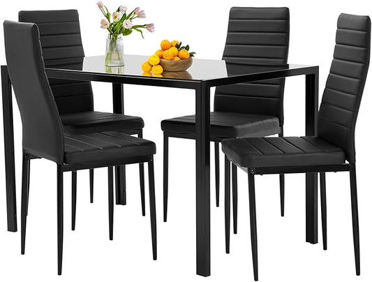 FDW | 5-Piece Dining Table Set | Black | Glass Kitchen Table by FDW