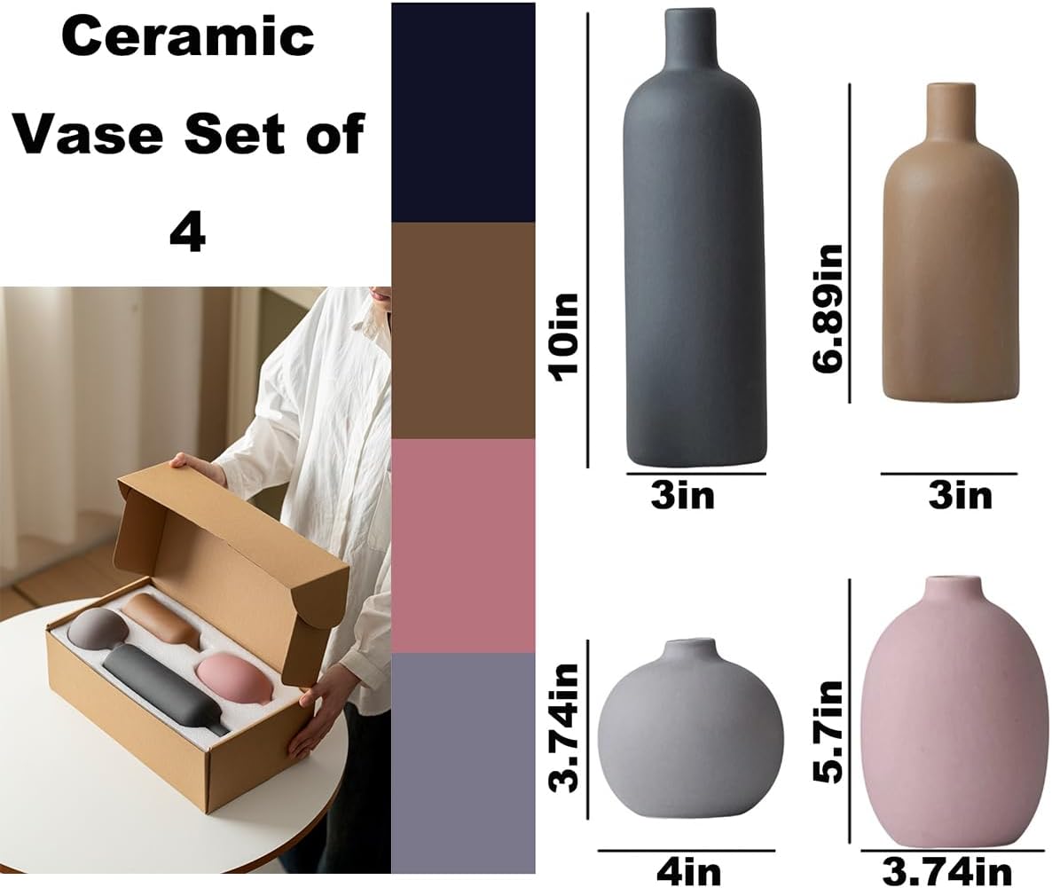 Modern Ceramic Vase Set, Neutral Colors, Decorative Vases for Home Shelf Decor, 4 Piece Collection (Black Mix Set 4)
