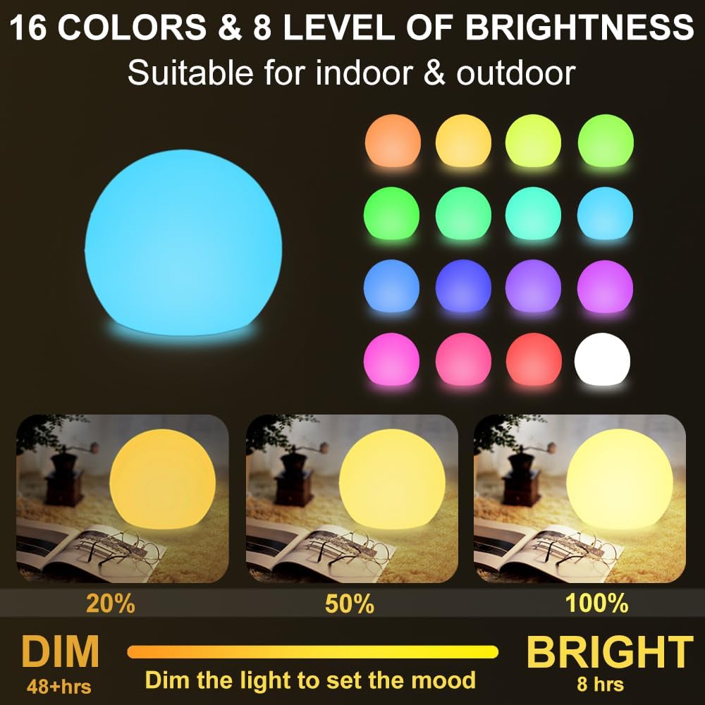 LED Glowing Ball Light, 8-in RGB Color Changing LED Orb Night Light Mood Lamp for Kid, 16 Colors 4 Lighting Modes & 8 Brightness Sphere Lamp w/Remote, Rechargeable Outdoor Globe Lights for Home Patio