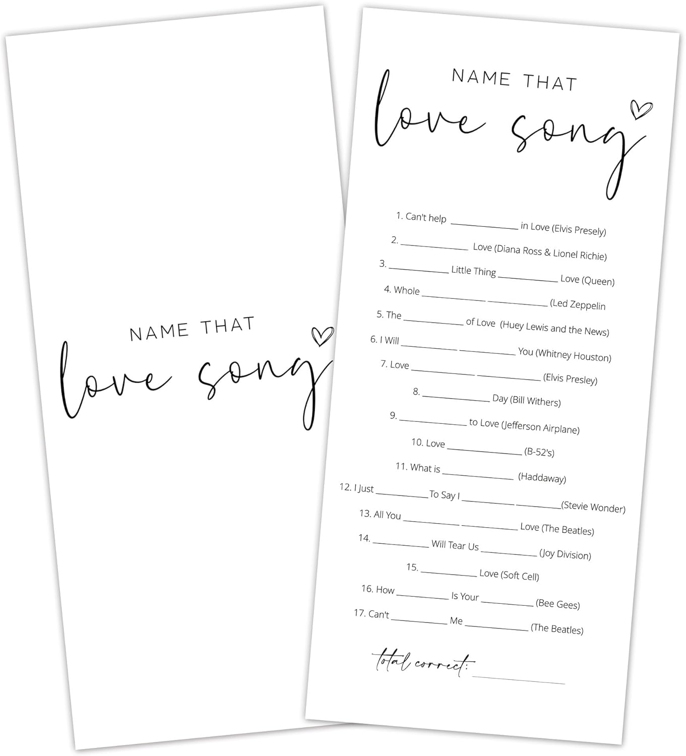 Bridal Shower Games, Name that Love Song, 25Pcs 4x9inch Minimalist White Double-Sided Bridal Game Cards with 1 Answer Key, Wedding Shower Games for Guests, Engagement Bachelorette Party Supplies - A06