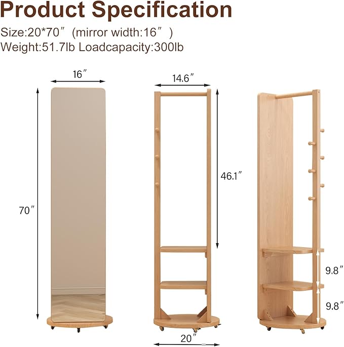 Muwuele Solid Wood Full Length Mirror Coat Rack, Floor Mirror - Image 6
