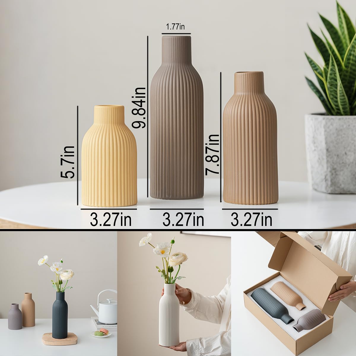 Modern Ceramic Vases Set of 3, Coffee Table Ribbed Decorative Vases, Shelf Table Centerpiece for Home Decor (Coffee Mix)