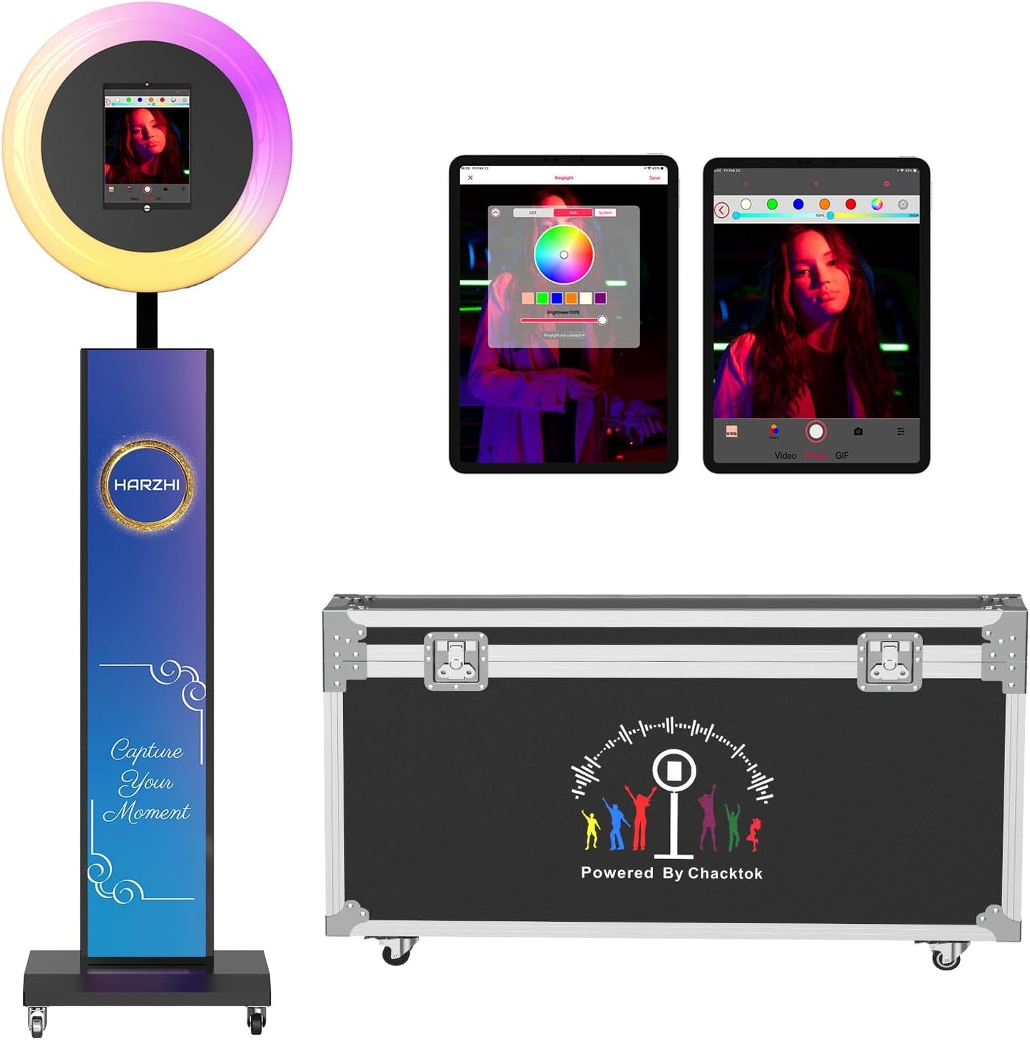 HARZHI Portable Photo Booth Compatible with Ipad, Large Lightbox Ipad Photo Booth for Christmas Wedding Party Provide ChackTok Software APP VIP, Free Custom Logo, Flight Case