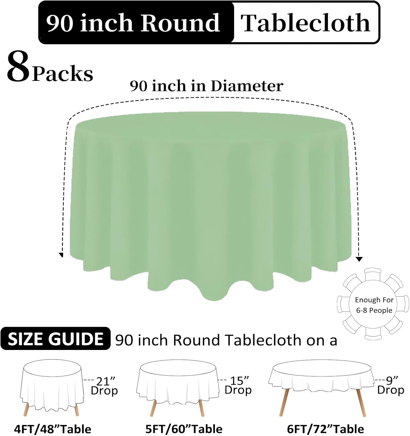 8 Pack Sage Green Round Tablecloth 90 Inch Stain and Wrinkle Resistant Round Sage Green Table Cloth Reusable and Washable Polyester Fabric Table Covers for Buffet Wedding Party and Banquet